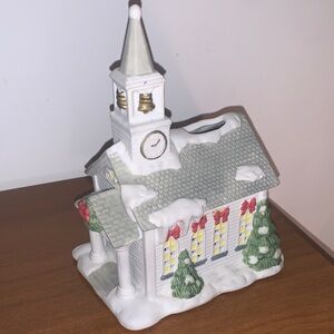 PartyLite Festive Church with Red Door and Green Accents